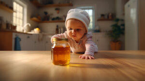 Ab wann dürfen Kinder Honig essen? - Ein Baby krabbelt in der Küche auf den Tisch, um an ein Glas voll Honig zu kommen. Das Baby träg eine Mütze und der Hintergrund ist etwas verschwommen. - MamaGrow