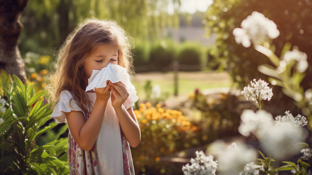 Ein kleines Mädchen mit Heuschnupfen leidet an Asthma und niest in ein Taschentuch. Im Hintergrund in eine Weide zu sehen und viele Blumen.