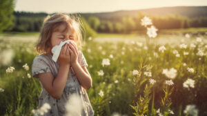 Symbolbild für Heuschnupfen bei Kindern. Ein kleines Mädchen auf einem Blumenfeld, nahe am Waldrand bei Sonnenuntergang, niest in ein Taschentuch.
