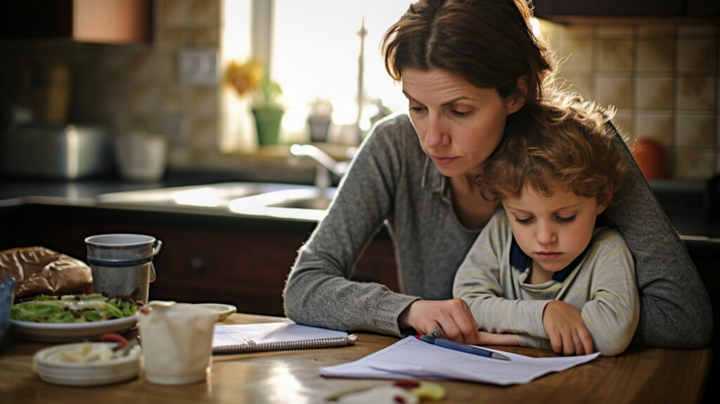 Symbolbild für Überfordert mit Kindern - Eine überforderte Mutter sitzt mit ihrem Sohn in der Küche am Esstisch und unterstützt ihn bei seinen Hausaufgaben.