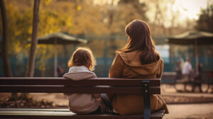 Eine überforderte Mutter sitzt mit ihrer Tochter beim Spielplatz im Park auf einer Parkbank.