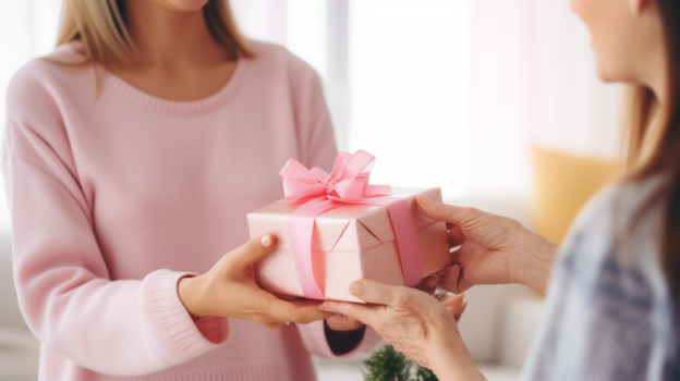 Eine junge Mutter übergibt ein verpacktes Geschenk an ihre Hebamme. Sie trägt einen pinken Pullover. Das Geschenk hat eine Pinke Schlaufe. Symbolbild für Geschenk für Hebamme.