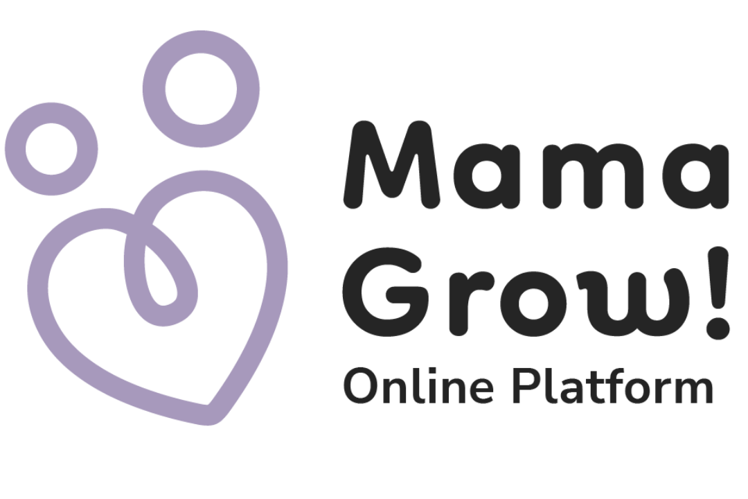 Lila Logo von MamaGrow - Online Plattform mit schwarzem Schriftzug